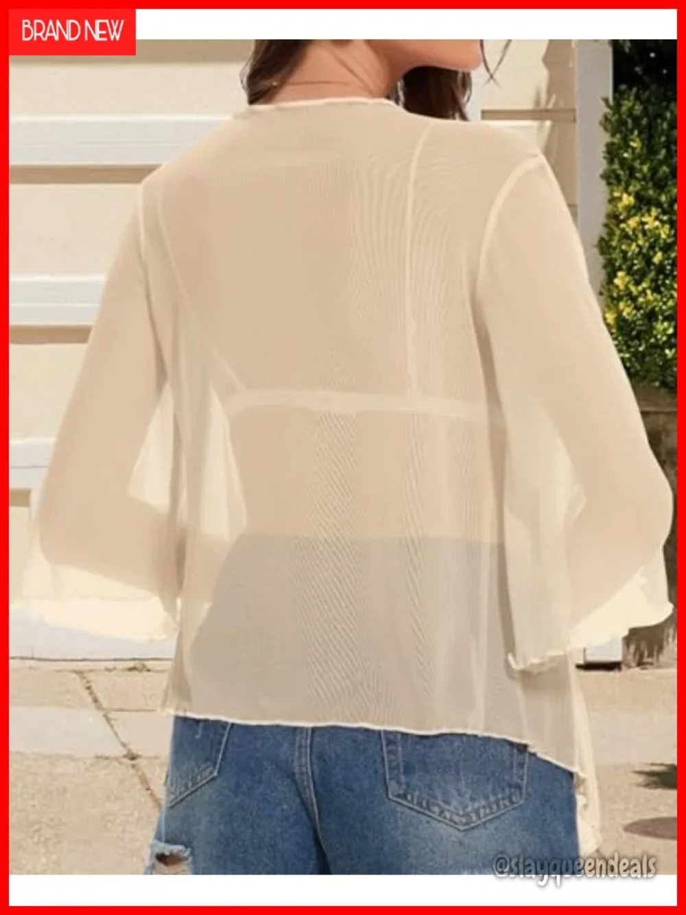Women's Sheer Mesh Bolero Shrug Tie Front 3/4 Sleeve Cardigan Jacket